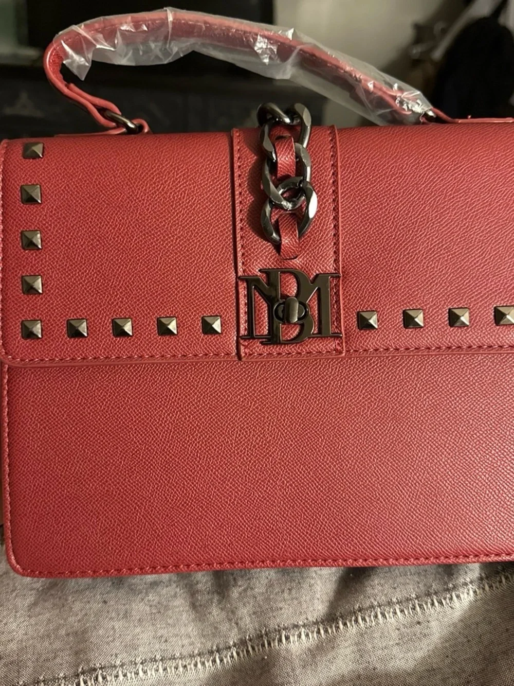 Red Studded Top-Handle Women's Bag by MB (Monogram)